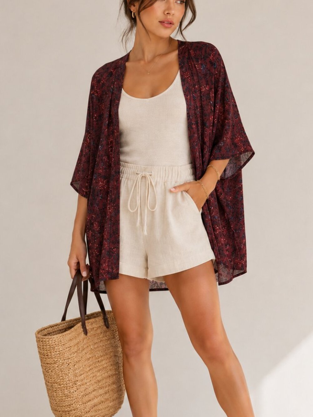 Talula Burgundy Floral Short Sleeve Open Front Kimono Cardigan Sweater Womens M